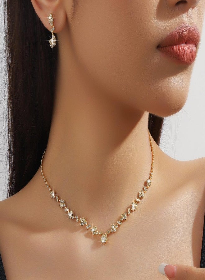 Cicod Prom Earrings Necklace Bracelet Set Elegant Crystal Rhinestone Necklace Earrings Bracelet Bridal Wedding Prom Dresses Costume Outfit Gold Jewelry Sets for Women (Gold) - Image 3